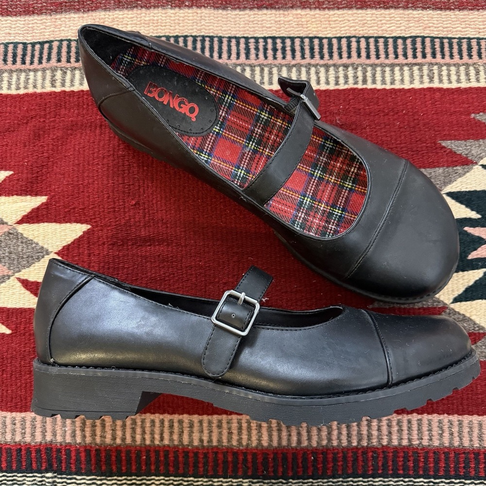 Bongo Black Faux Leather Mary Jane Shoes Sz 11 Plaid Lining Round Toe Grunge